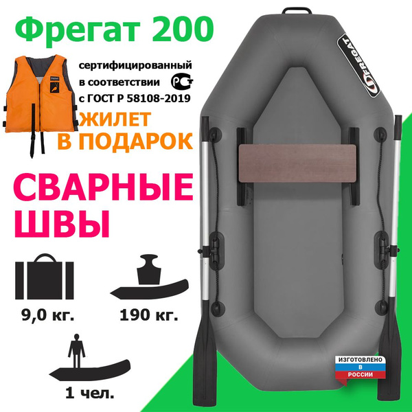 Лодка ПВХ гребная Фрегат М-1 Оптима (200 см) с веслами Серый - купить ...