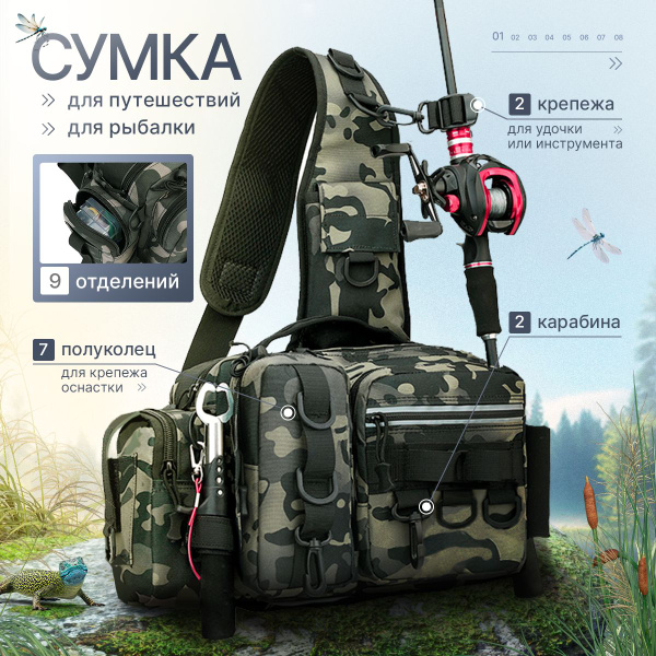 Сумка рыболовная поясная через плечо, с креплением для спиннинга/удочки ...