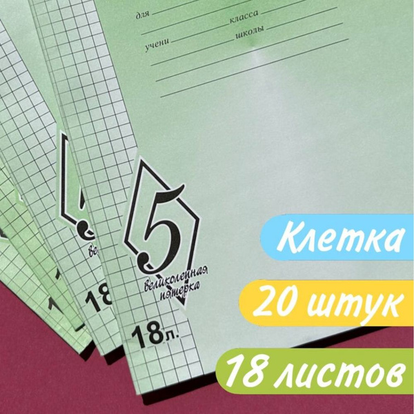 Тетрадь в клетку 18 листов/Великолепная пятерка/набор 20 шт. - купить с ...