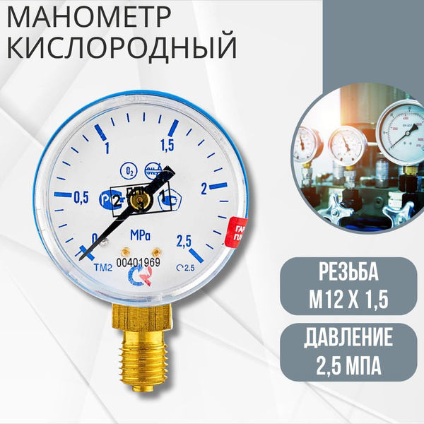 Манометр для измерения давления в баллоне Кислородный 2.5Мпа С резьбой ...