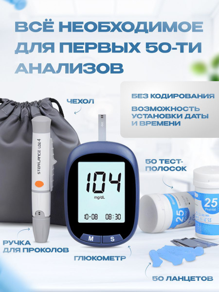 Глюкометр мгновенного действия + 50 тест-полосок + набор из 50 игл для ...