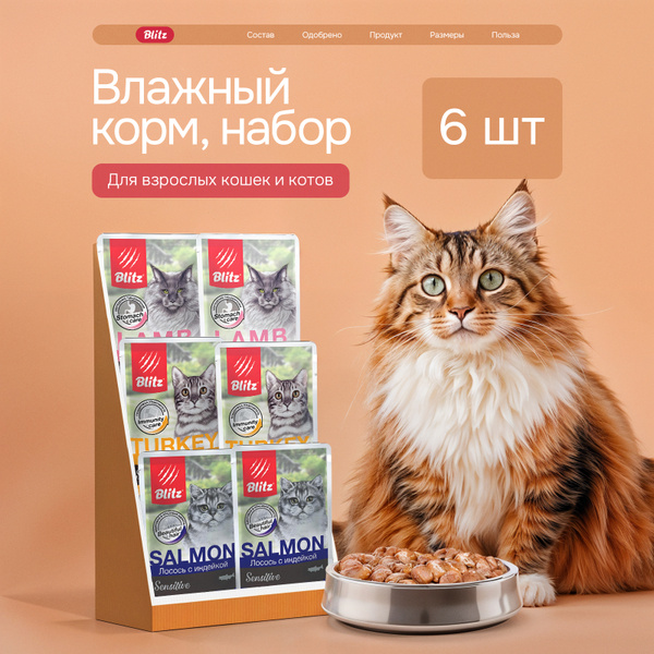 Влажный корм для Кошек Blitz Набор 5+1 АССОРТИ паучи 85гр Х 6шт. купить ...