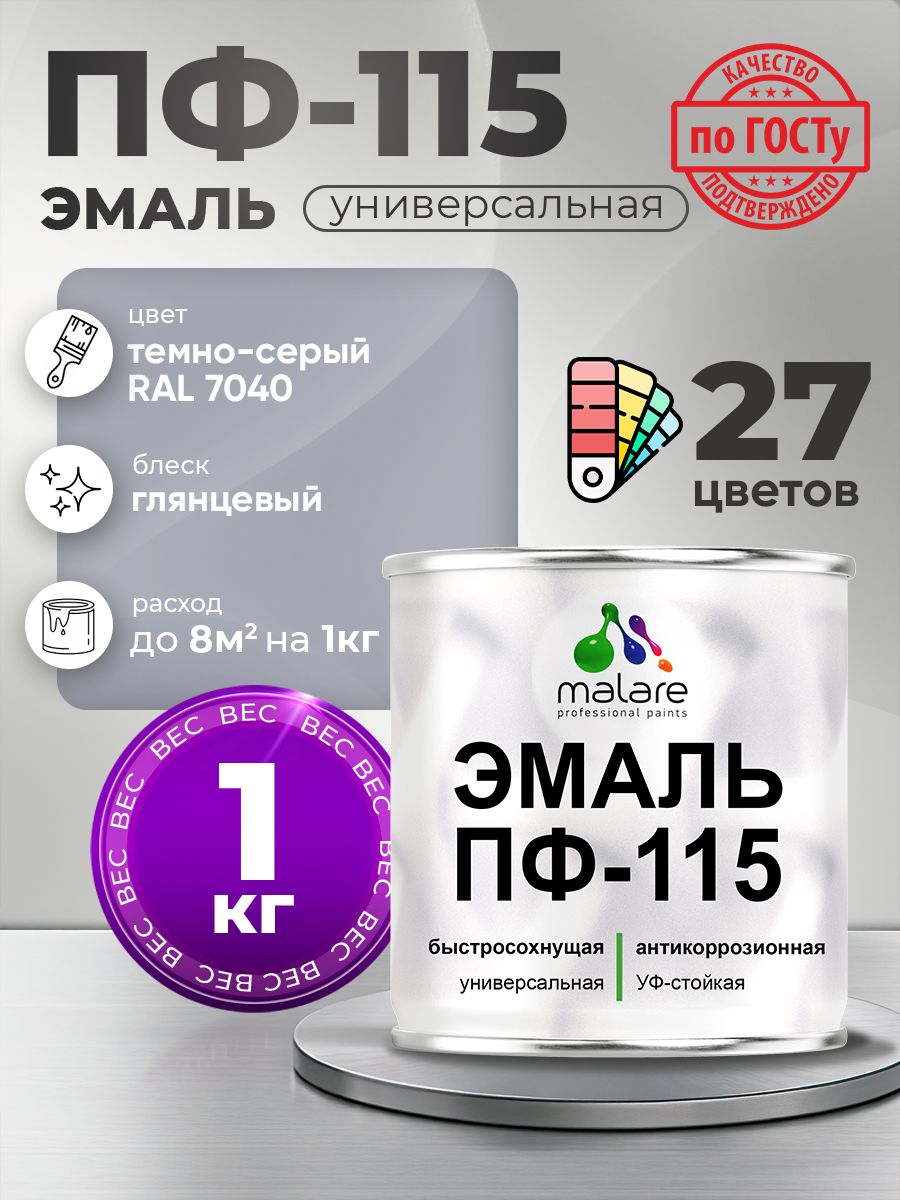 Эмаль Malare ПФ-115 краска для металла по дереву для минеральных поверхностей для внутренних и наружных работ антикоррозионная быстросохнущая, RAL 7040, темно-серый, глянцевая, 1 кг