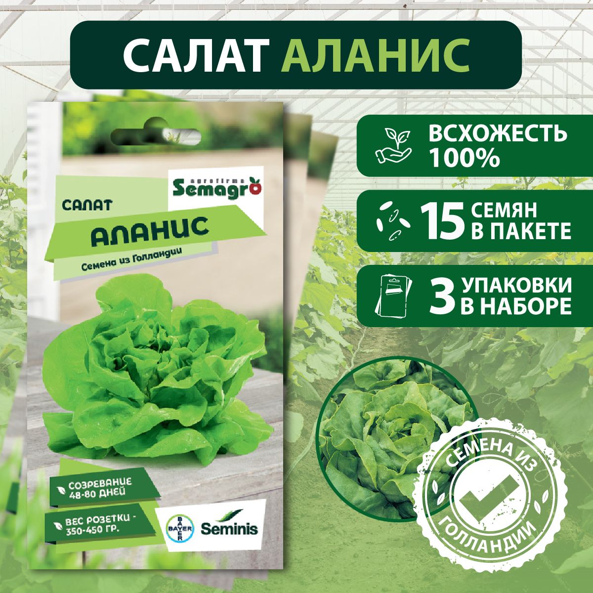 Семена Салат Аланис SEMINIS, 3 пакета, (15 семян в одном пакете)