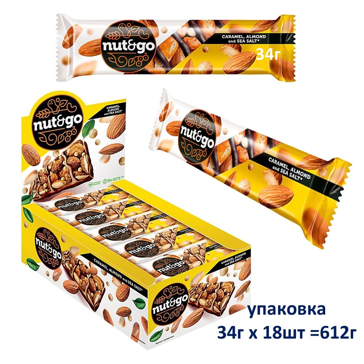 Nut&Go,батончикминдальный34г*18шт,упаковка612г