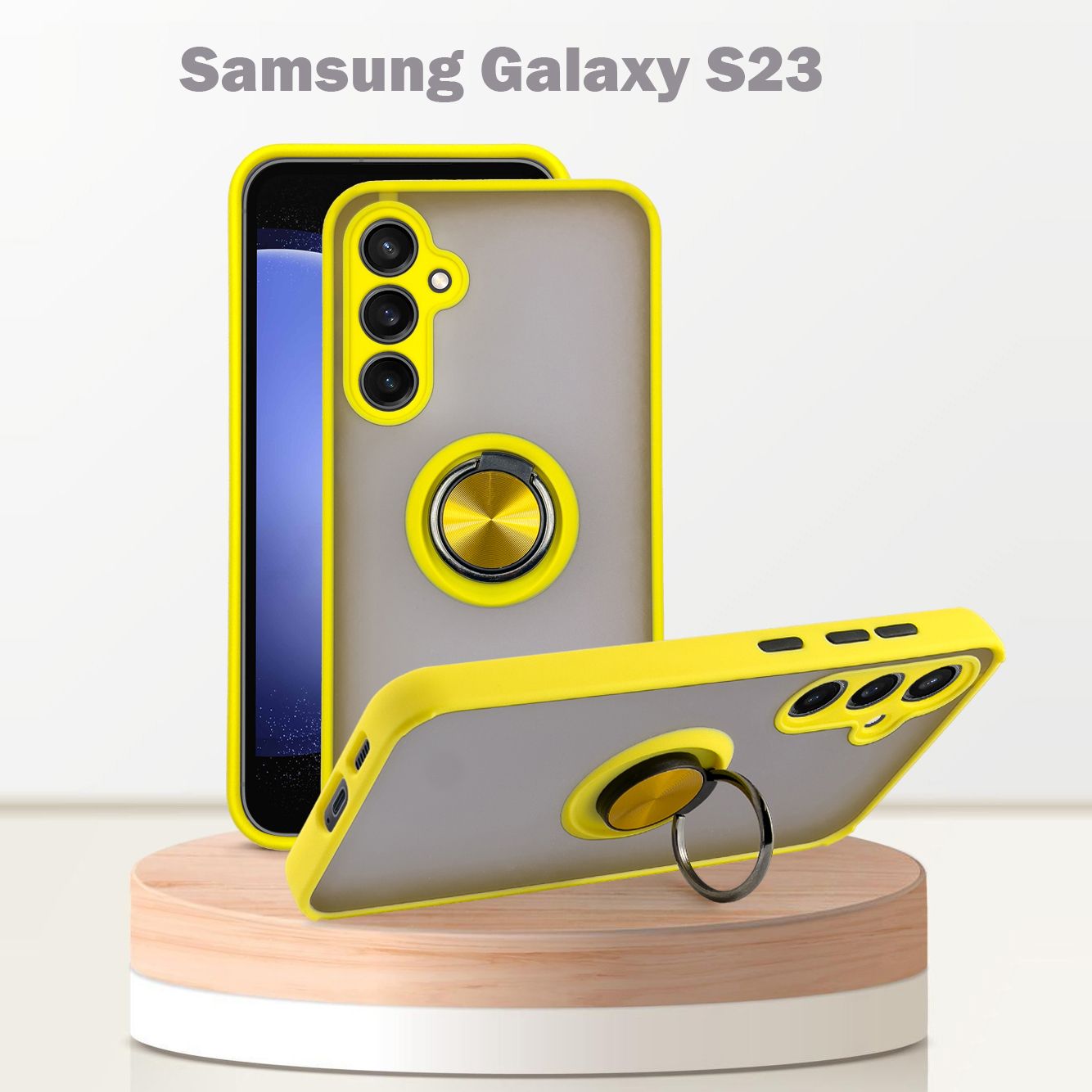 ЧехолдляSamsungGalaxyS23(ГалаксиС23),скольцом,защитакамеры,желтый