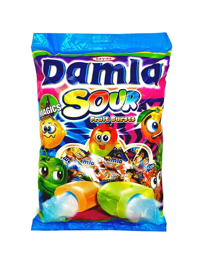 Жевательные конфеты Damla Sour Fruit Bursts ассорти с кислой начинкой, 1 кг