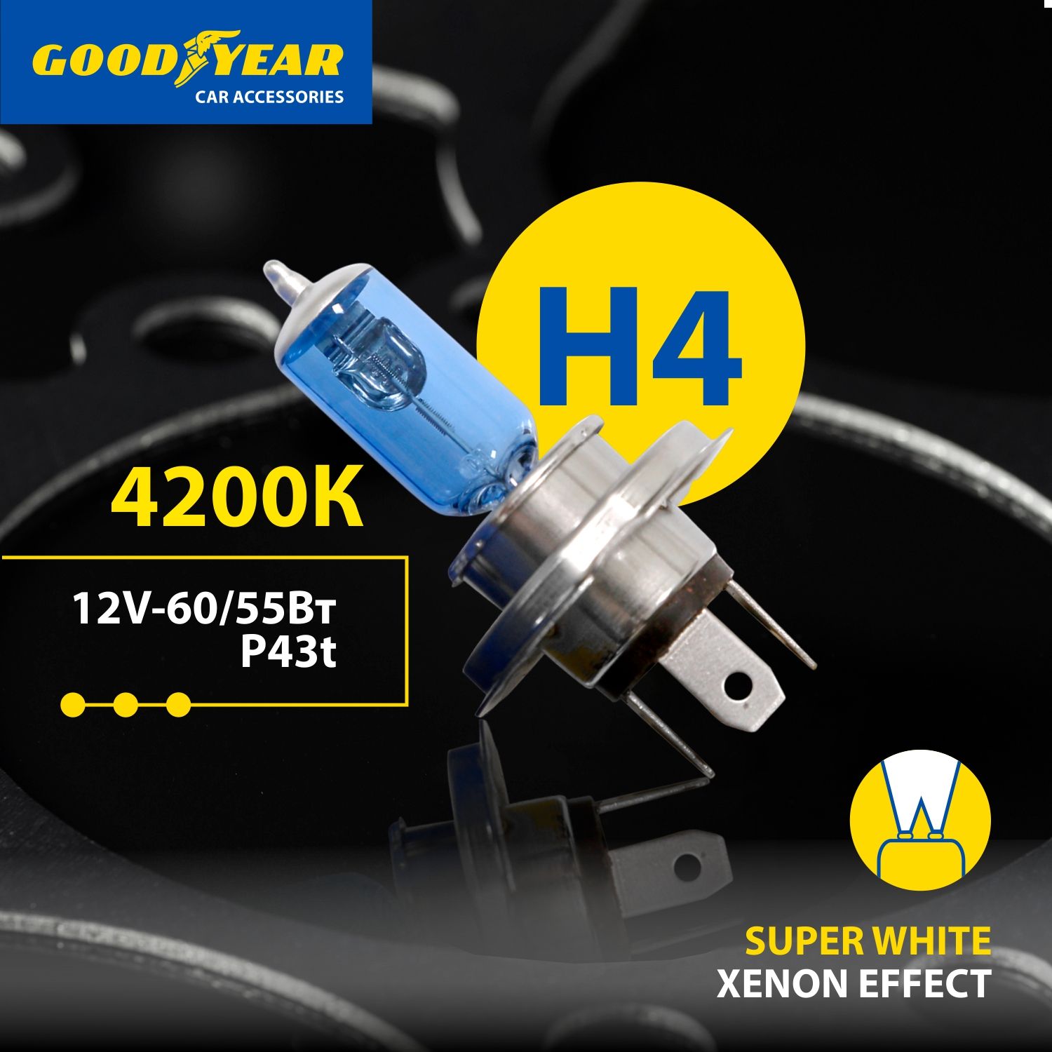 Лампаh4галогеноваяавтомобильнаяSuperWhiteGoodyear12V60/55WP43tдляLADAВАЗ2104-2109,2113-15,Granta,Largus1пок,VWPoloседан,HyundaiSolaris,KiaRio