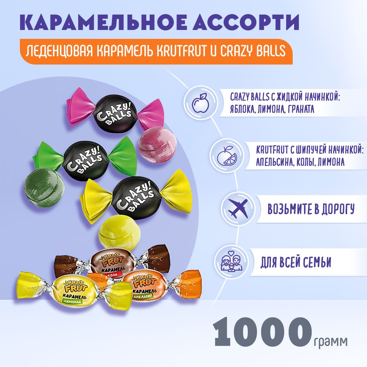 Карамель микс Crazy Balls+KrutFrut 1000 грамм/КДВ