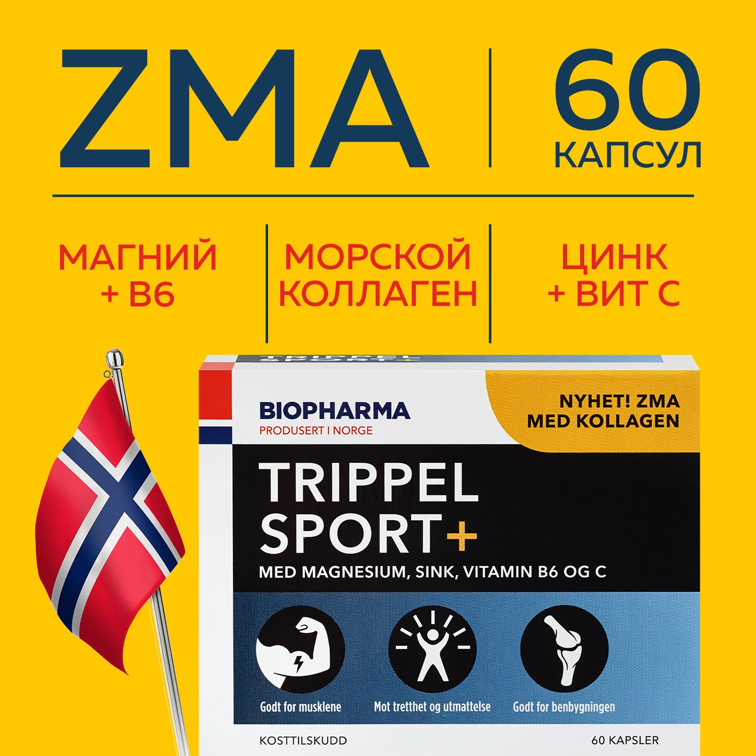 ZMA цинк, магний B6 коллаген для суставов Biopharma Trippel Sport 60 капсул  - купить с доставкой по выгодным ценам в интернет-магазине OZON (185601342)