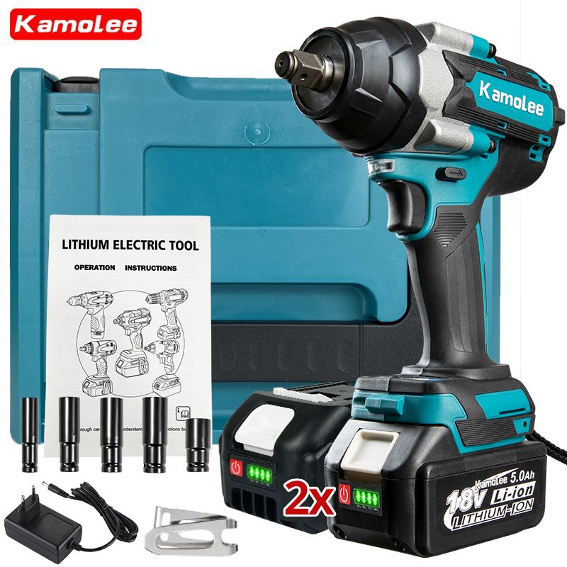 Kamolee Tool DTW700 1800N.m Бесщеточный Электрический Ударный Гайковерт С Высоким Крутящим Моментом 1/2 Дюйма - 2 Аккумулятора 5,0 Ач И Ящик Для Инструментов