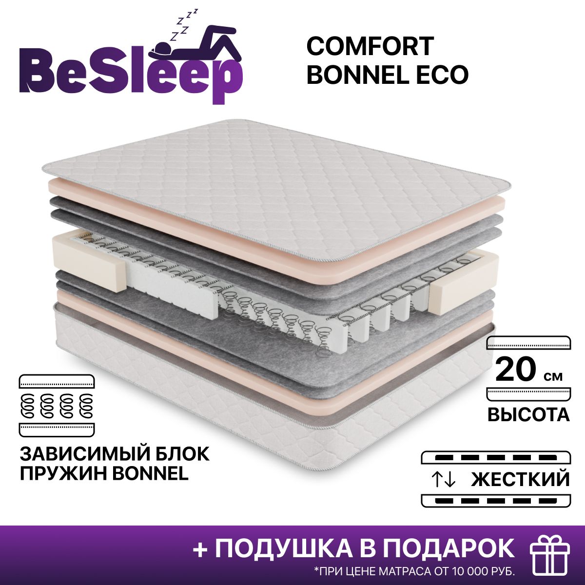 МатрасBeSleepComfortBonnelEco,Зависимыепружины,90х200см