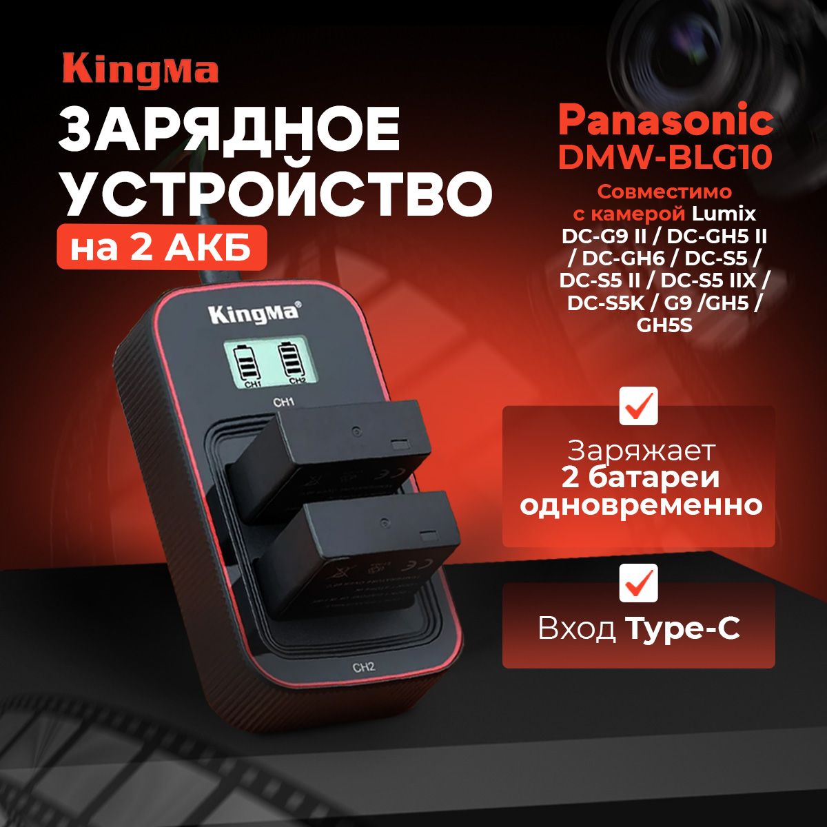 Зарядное устройство KingMa BM058-BLG10 для Panasonic DMW-BLG10 на 2 акб с экраном