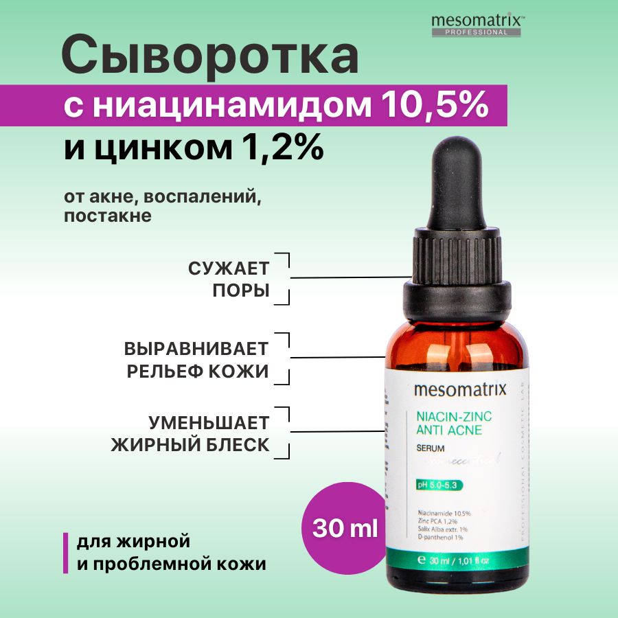 Сывороткасниацинамидом10.5%ицинком1.2%длялицадляжирнойпроблемнойкожиотакне,прыщей,угрей,черныхточек,постакне,длясуженияпорNIACIN-ZINCantiacneMesomatrixАЮНА30мл