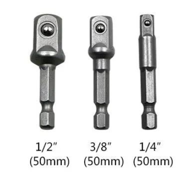 Адаптеры, переходники для шуруповерта под торцевые головки 1/4", 3/8", 1/2", длина 50 мм, комплект 3 шт