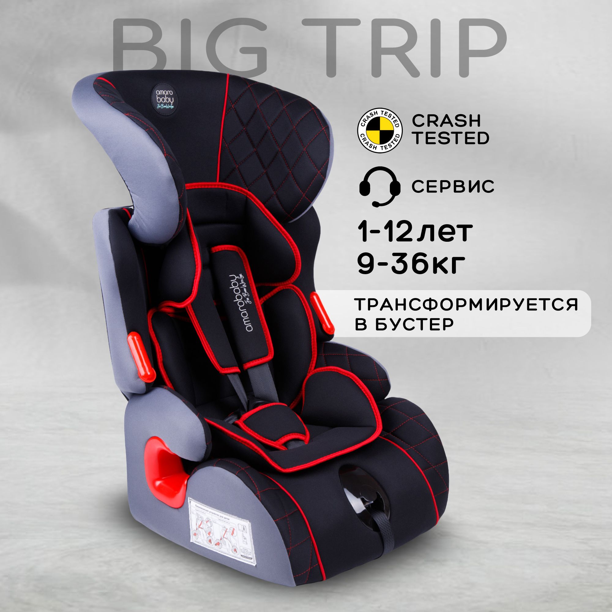 Автокресло детское AMAROBABY Big trip, группа I/II/III, 9-36 кг,(1-12 лет),чёрный/красный