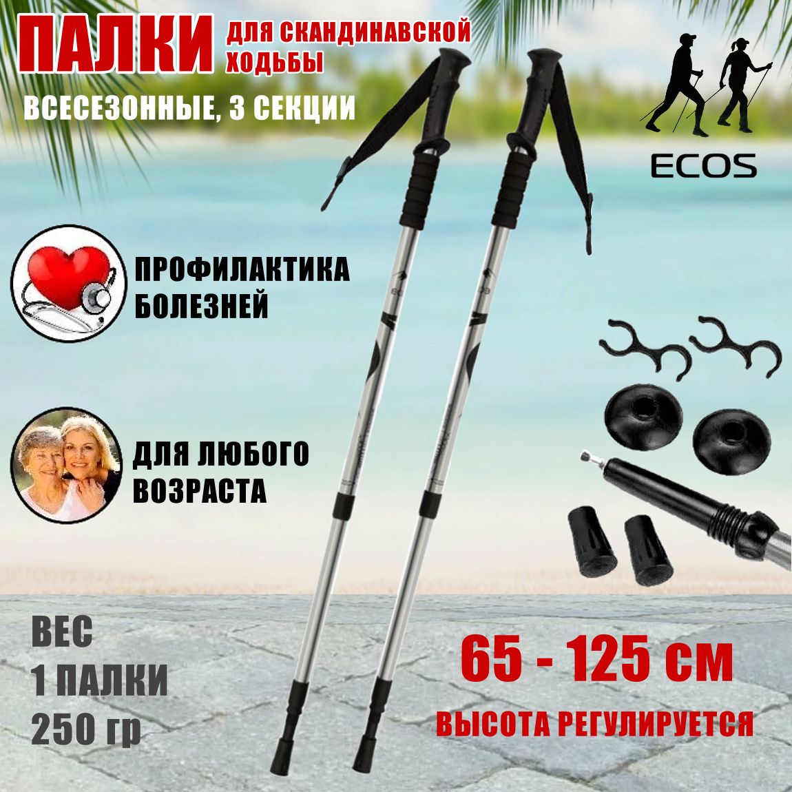 Палки для скандинавской ходьбы всесезонные ECOS Nordic Walking sticks алюминиевые, телескопические с ремешком, 3 секции, серебристые