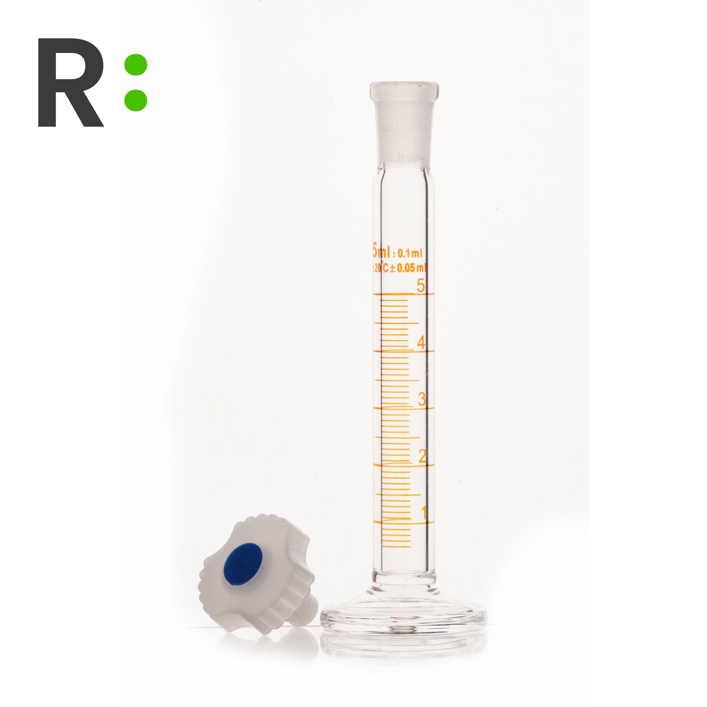 Мерный цилиндр стеклянный 5 мл с пластиковой пробкой, RLAB, на круглом стеклянном основании