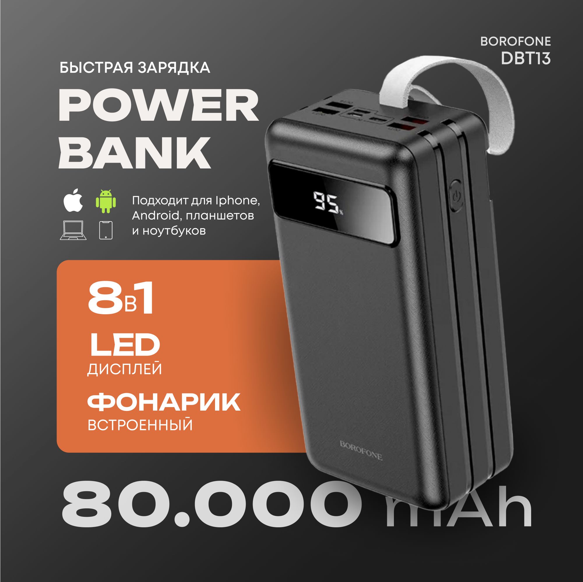 Повербанк80000mahсбыстройзарядкойифонарикомBorofoneDBT1322.5W(PD20W+QC3.0)