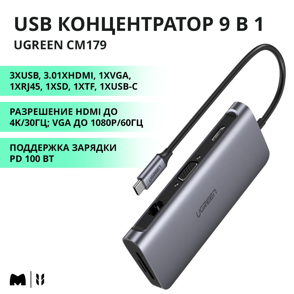 UGREEN. USB концентратор 9 в 1 (хаб), 3 x USB 3.0, HDMI, VGA, RJ45 Gigabit, TF/SD, PD (40873)