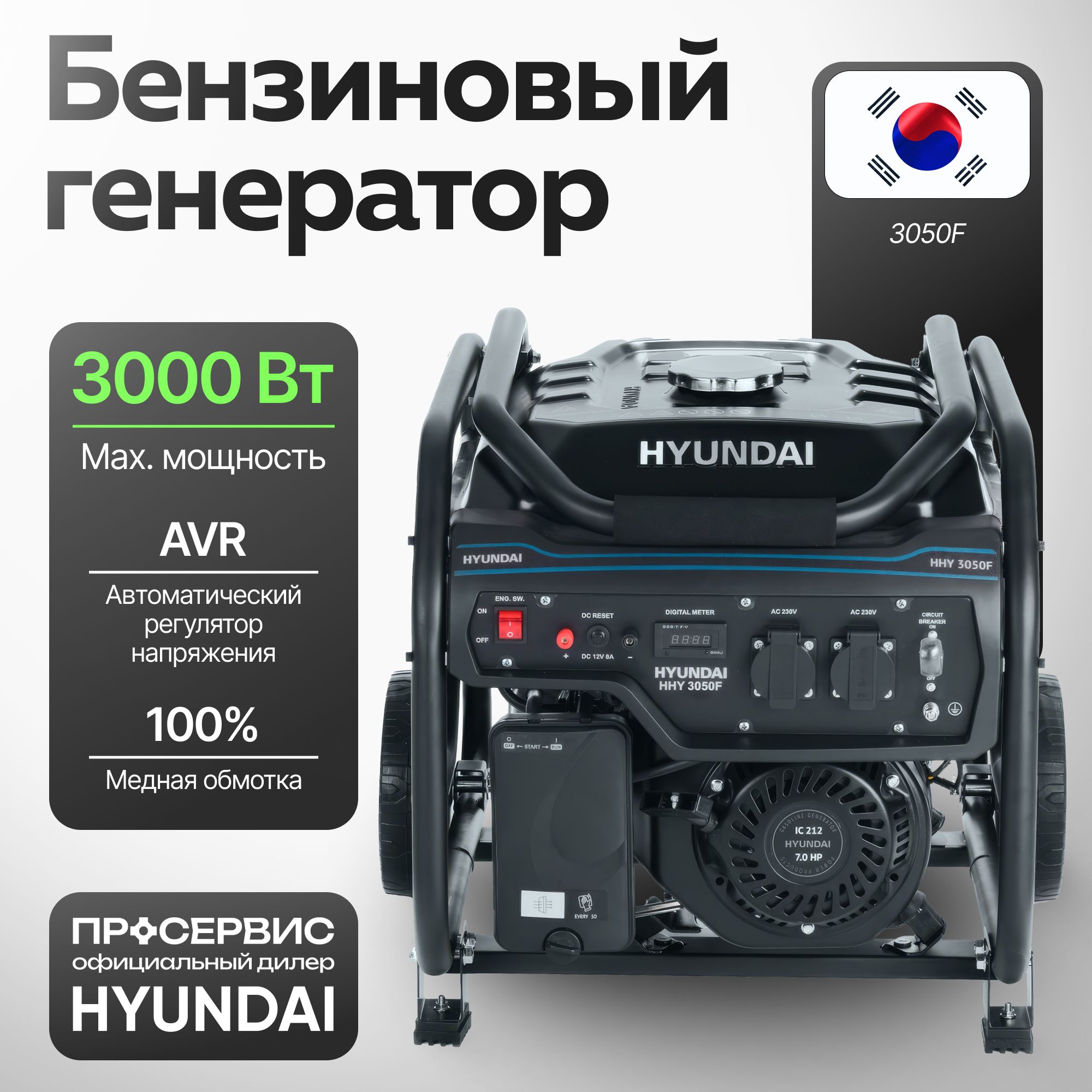 ГенераторбензиновыйHyundaiHHY3050F3кВт230В,7л.сручнойстартерпортативнаяэлектростанциядлячастногодома51,5кг