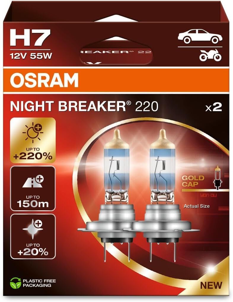 Лампа галогеновая автомобильная Osram Night Breaker H7 +220% 55W 12V 2 шт, 64210NB220-HCB