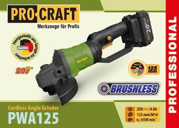 МашинауглошлифовальнаяаккумуляторнаяPROCRAFTPWA125,20В,4Ач