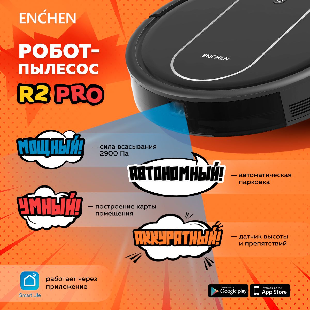 Робот пылесос с влажной и сухой уборкой Enchen Xiaomi Vacuum Cleaner R2 Pro для дома с пультом управления, Умный пылесос робот / Подарок маме