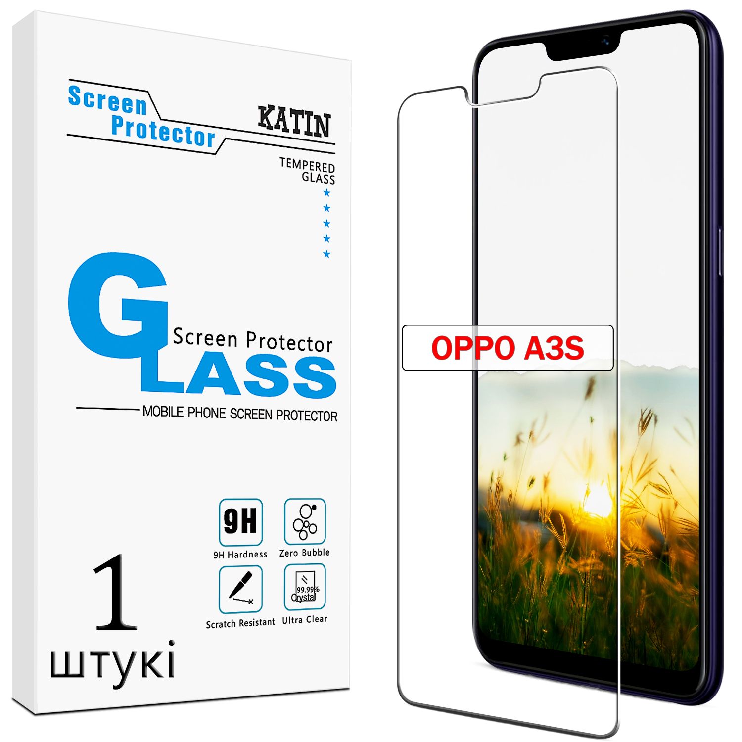 Защитное стекло KATIN для OPPO A3s/A5 (Оппо A3s, A5), легко устанавливается, ударопрочное, без пузырей