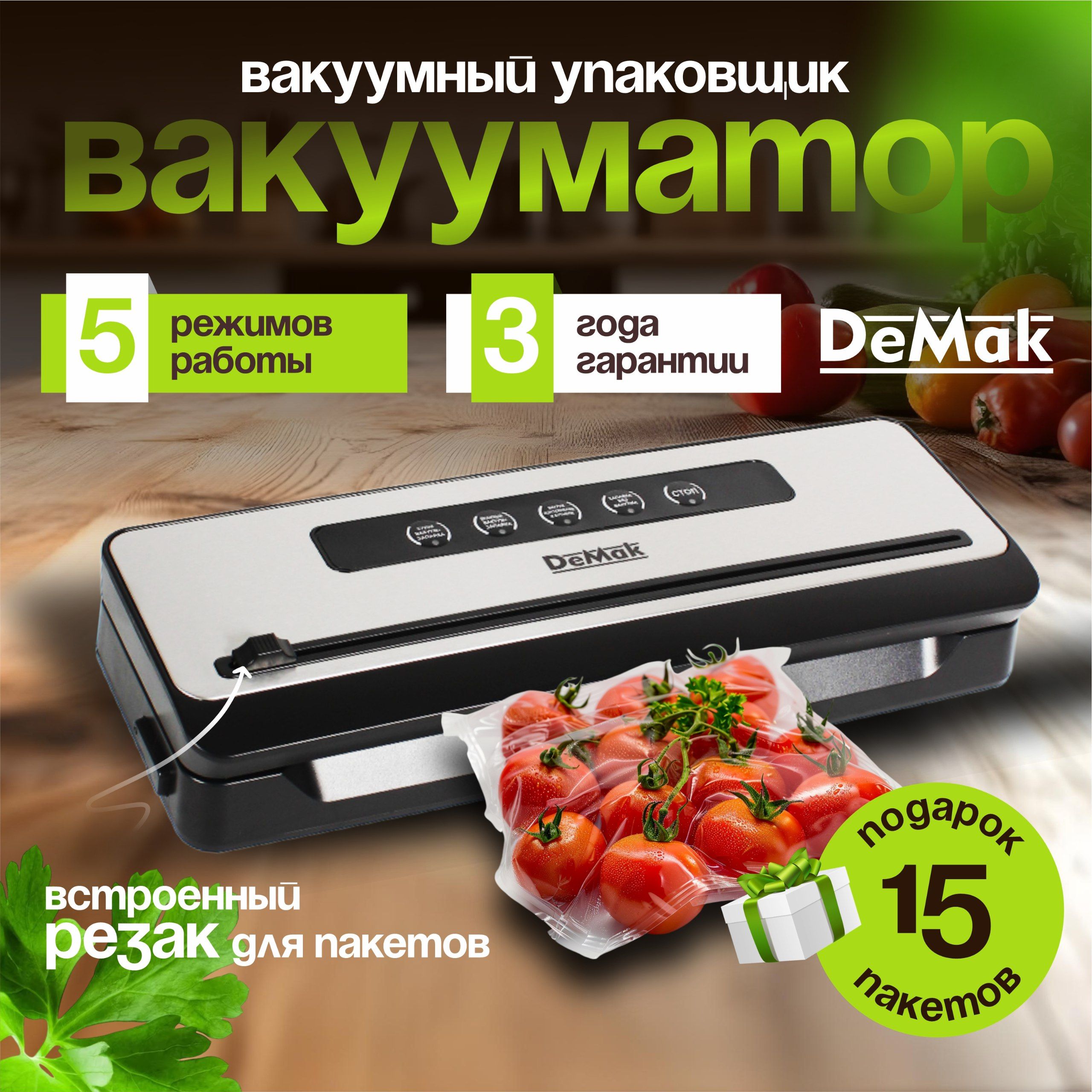 ВакууматордляпродуктовDeMak,Вакуумныйупаковщикпищевойсзапайкойирезаком,запаивательпакетовДемак