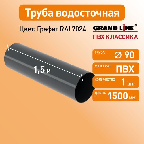 Труба водосточная 1.5м, D90 Гранд Лайн (Классика) графит RAL 7024 / Водосток пластиковый Grand Line 120/90