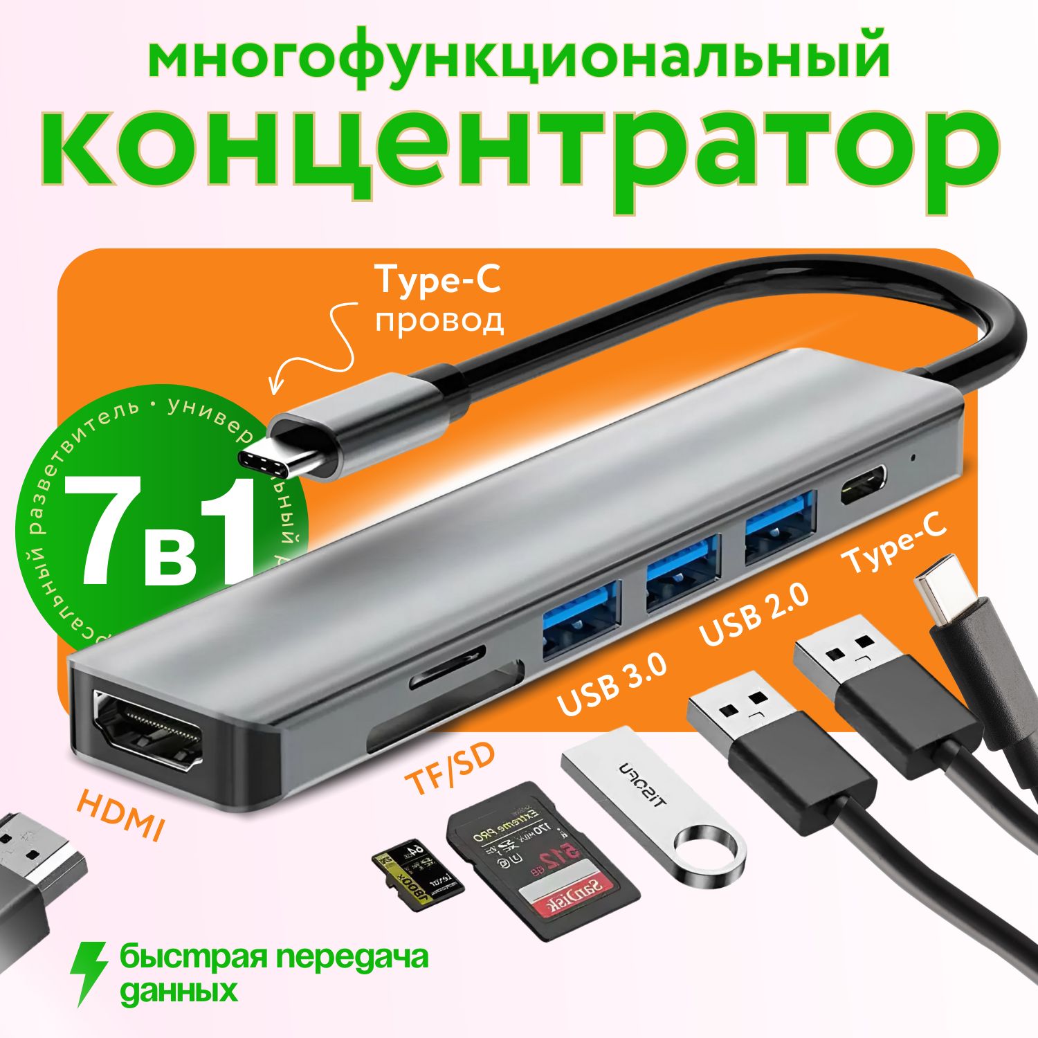 USB HUB 7в1. USB разветвитель,концентратор type c HDMI, док-станция type C, usb hab для macbook, SD Card, TF Card