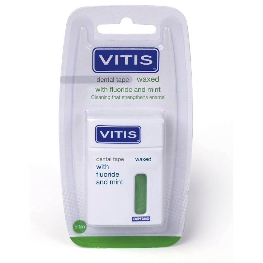 Межзубная нить Vitis Waxed Dental Tape with Fluoride and Mint 50м в твердой упаковке