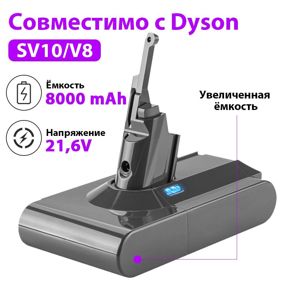 Сменный аккумулятор (акб) для беспроводного вертикального пылесоса Dyson (Дайсон) Dyson SV10/V8 Animal/V8 Motorhead/V8 Carbon Fiber/V8 Absolute/V8 Fluffy (21.6V, 8000mAh)