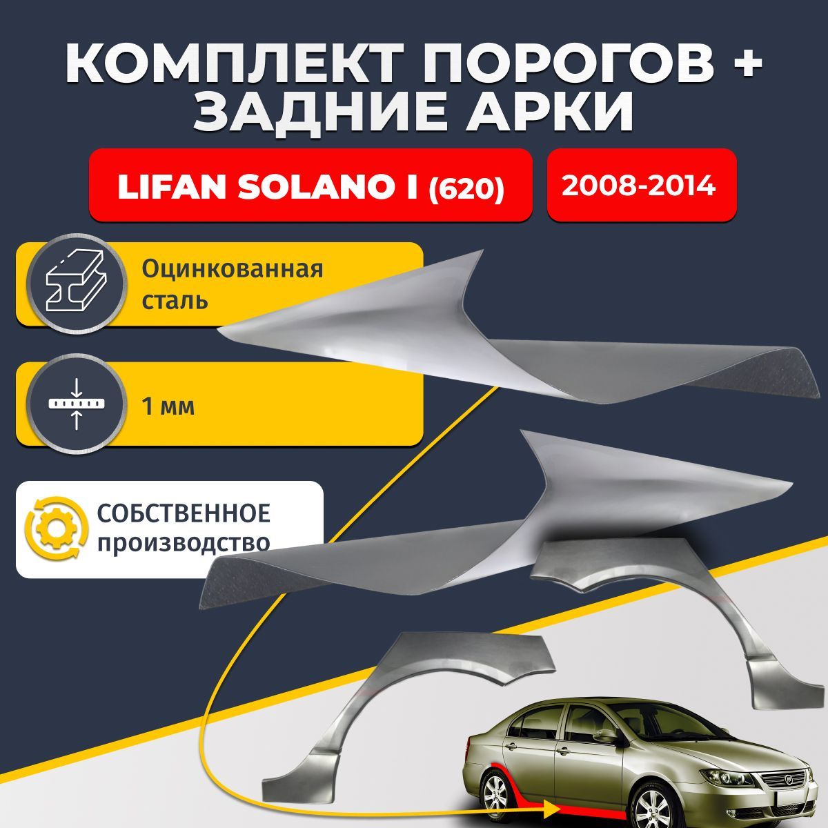 Комплект задних ремонтных арок, 0.8 мм. и комплект порогов 1 мм. для Lifan Solano 1 (620) 2008-2014. (Лифан Солано 1). Оцинкованная сталь. Кузовной ремонт.