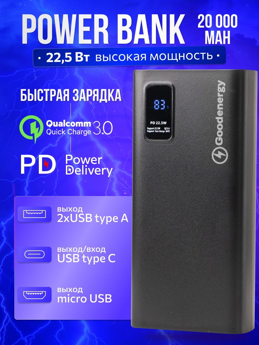 ПовербанкPowerbank20000mahсбыстройзарядкойдляайфонаGoodenergy,пауэрбанкдлятелефона,черный