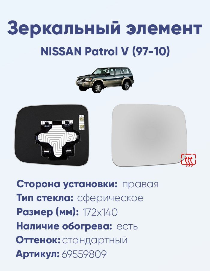 Зеркальный элемент правый NISSAN Patrol V (97-10) сфера нейтральный с обогревом