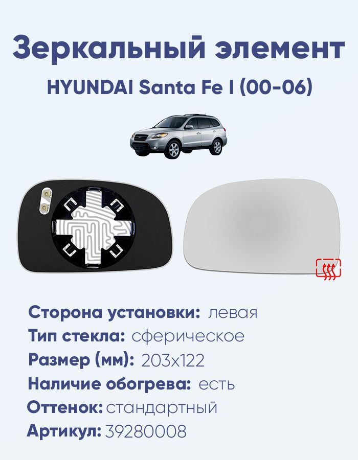 Зеркальный элемент левый HYUNDAI Santa Fe I (00-06) сфера нейтральный с обогревом