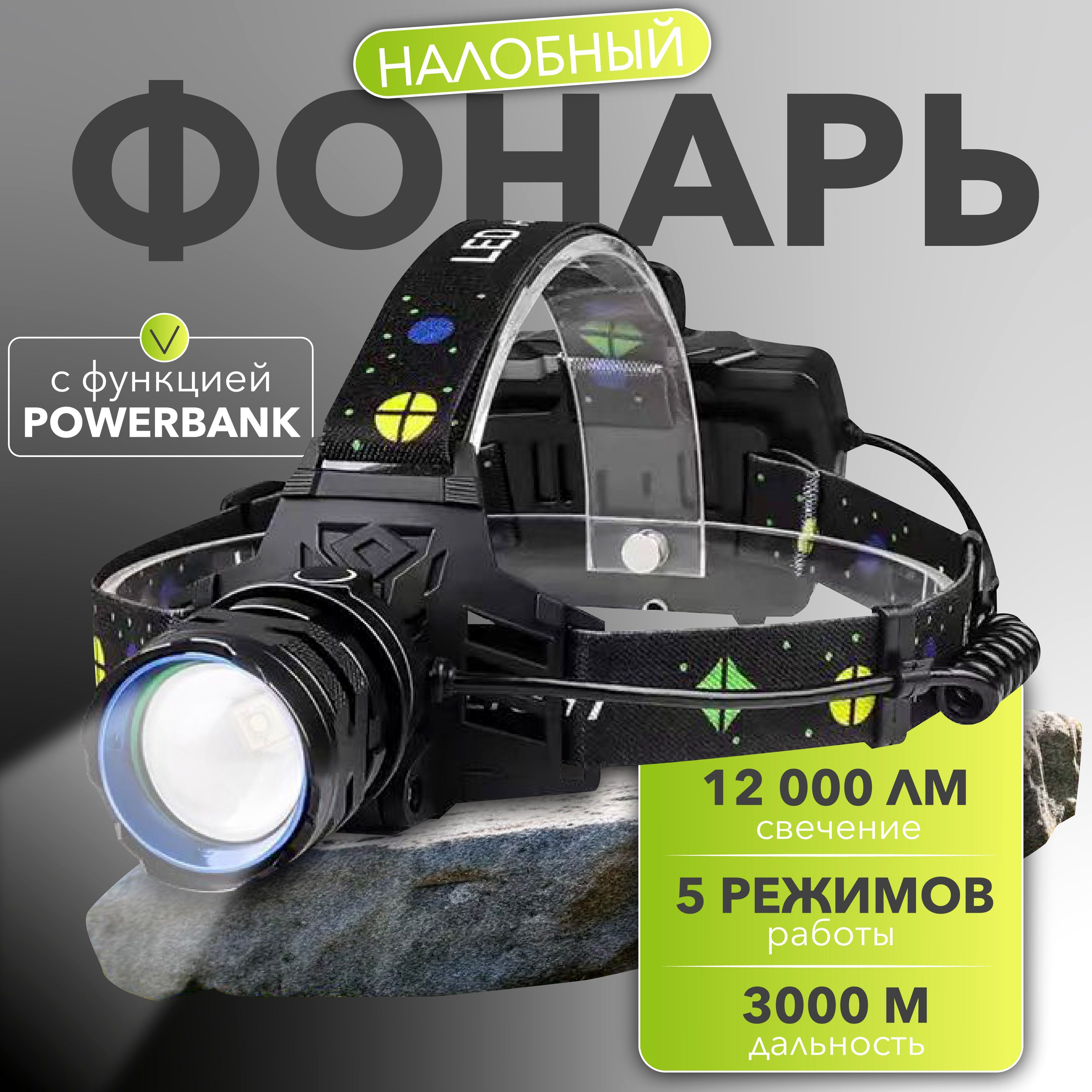 Налобный фонарь аккумуляторный лазерный светодиодный, LED, с функцией powerbank