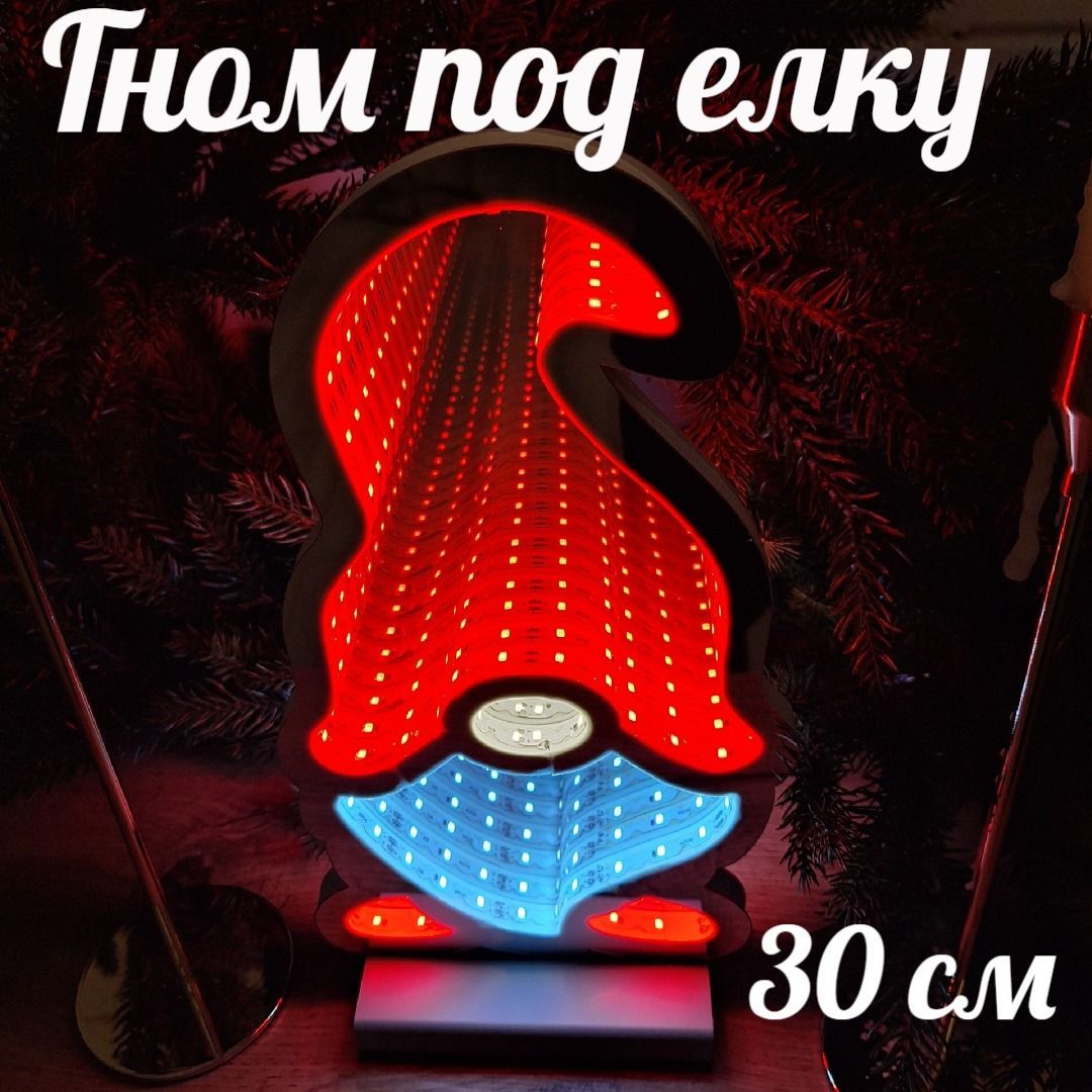 Фигурка под ёлку гном светодиодный светящийся новогодний красный с белым объёмный 3д