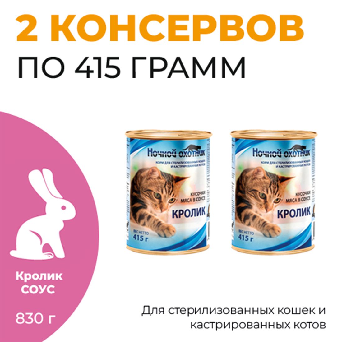 КонсервыдлякошекНОЧНОЙОХОТНИК2штпо415гКроликдлястерилиз.кошекикастриров.котоввсоусе