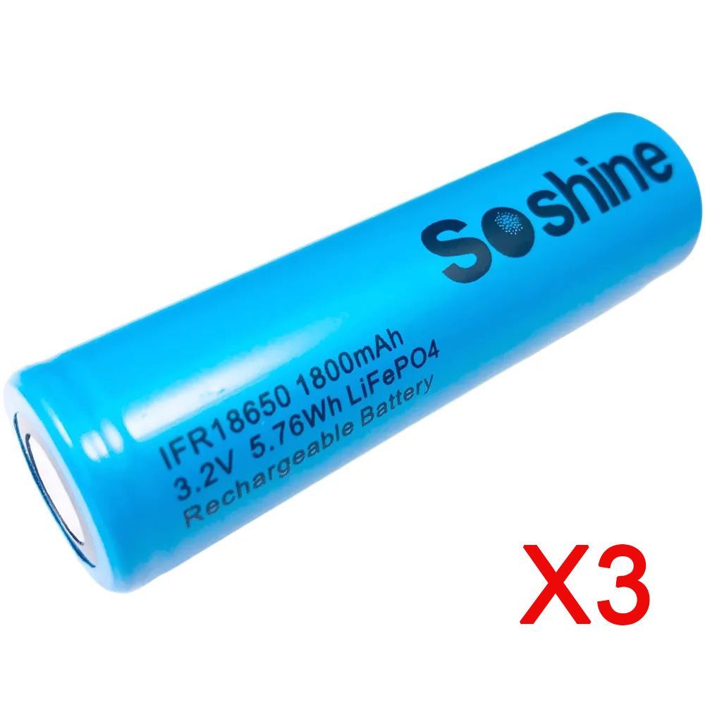 Аккумулятор(3шт)LiFePO4Soshine18650-3.2-1800(длина65мм,3,2/3,6В,5А,1800мАч,52мОм)