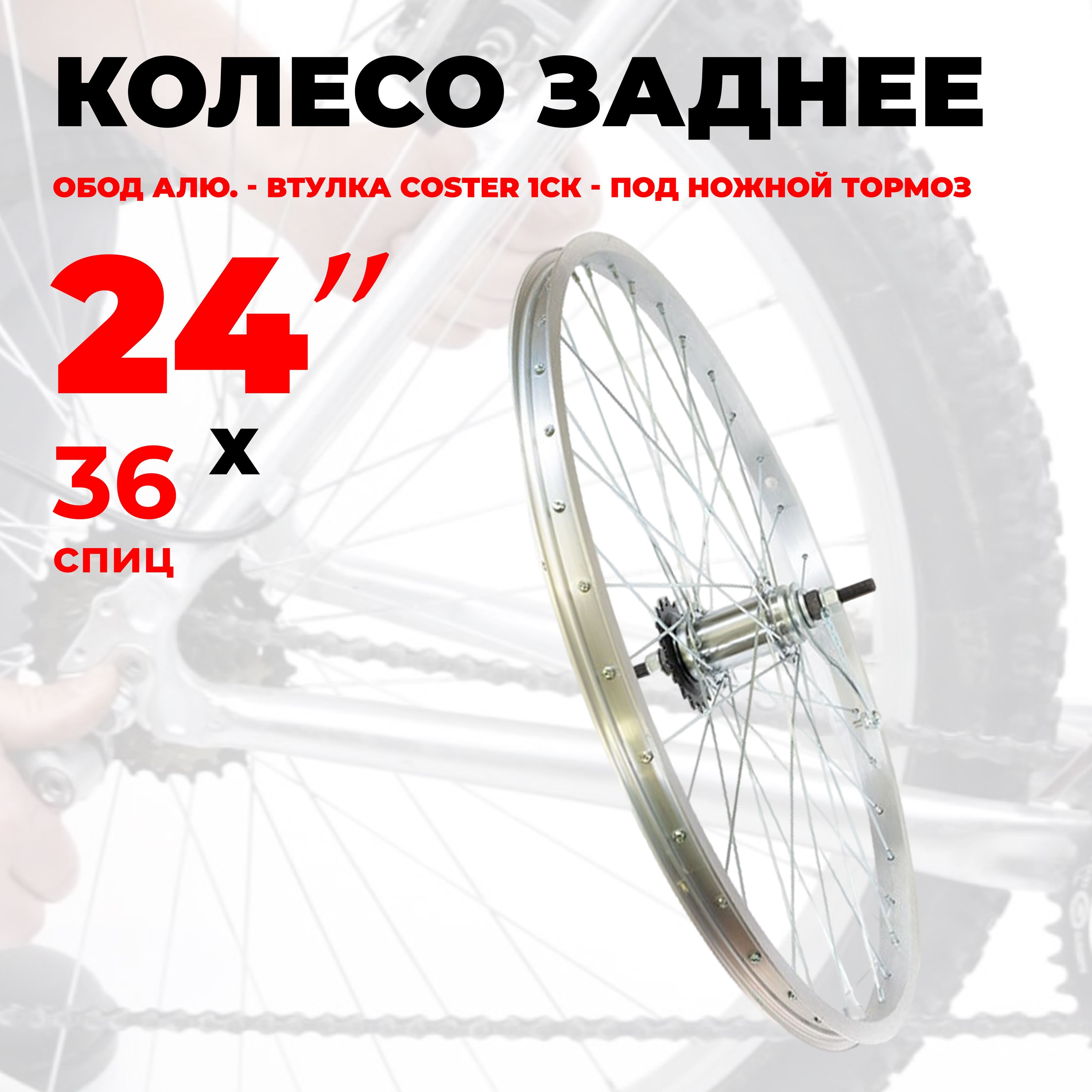 Колесо для велосипеда заднее 24" (YKL 11-24-silver-4205) алюминиевый одинарный обод, втулка Coster, под V-Brake, под гайки, ножной тормоз TRIX