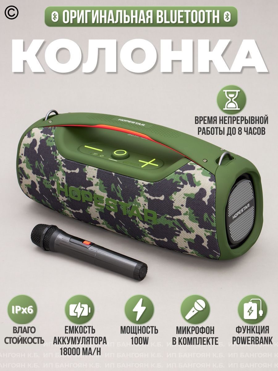 БеспроводнаямузыкальнаяBluetooth-колонкаHopestarA60100ВтХаки