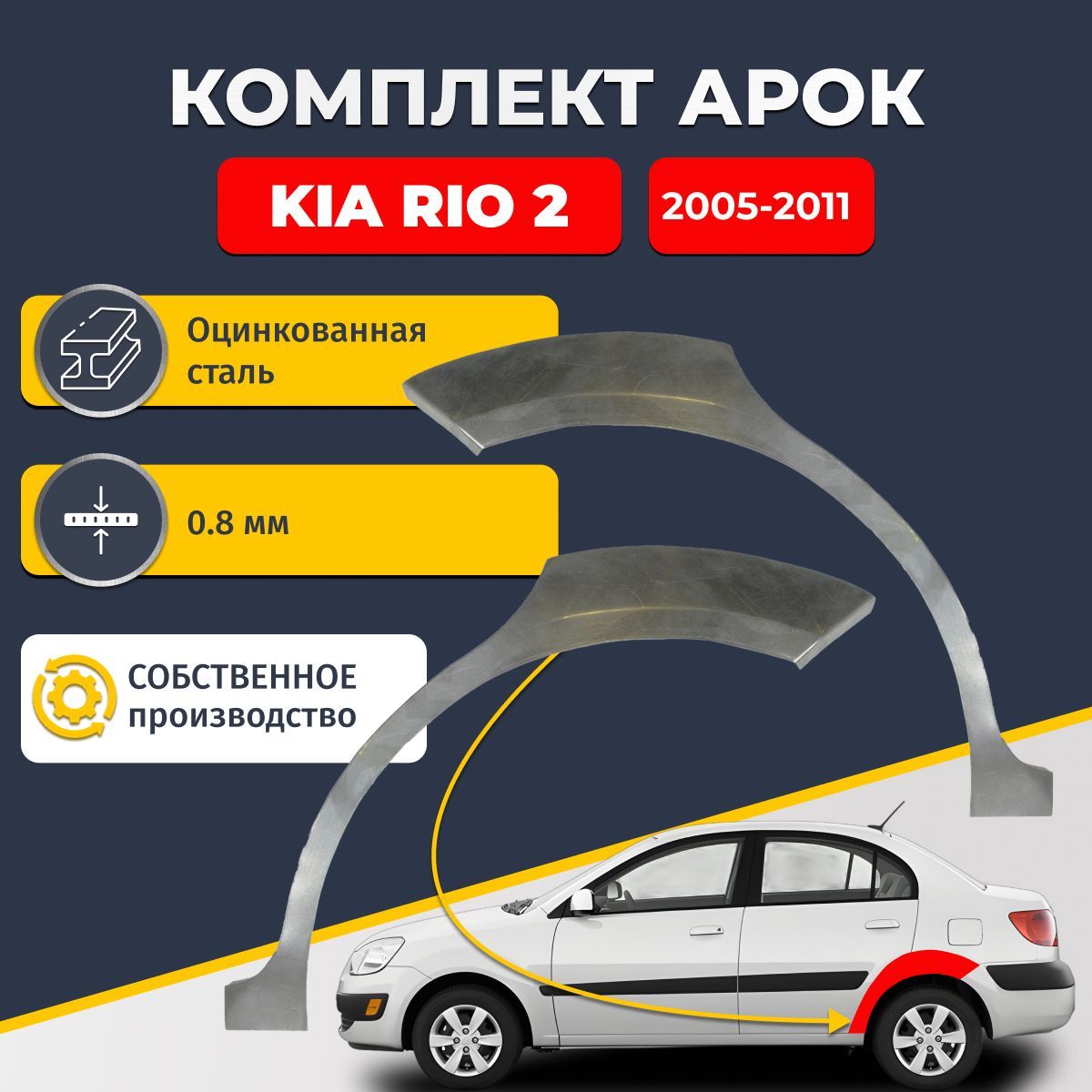 Комплект задних ремонтных арок для автомобиля (2 шт.), Kia Rio 2005-2011 седан 4 двери (Киа Рио 2). Оцинкованная сталь 0,8 мм.