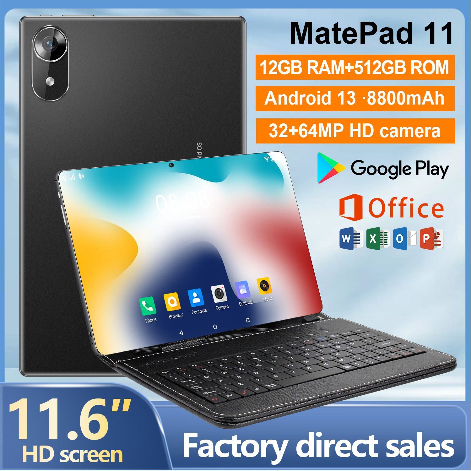 vove Планшет Игровой планшет Mate Pad11, 12+512 ГБ, 11,6 дюйма, планшет с клавиатурой, русифицированный, андроид 13, 11.6" 512 ГБ/12 ГБ, черный