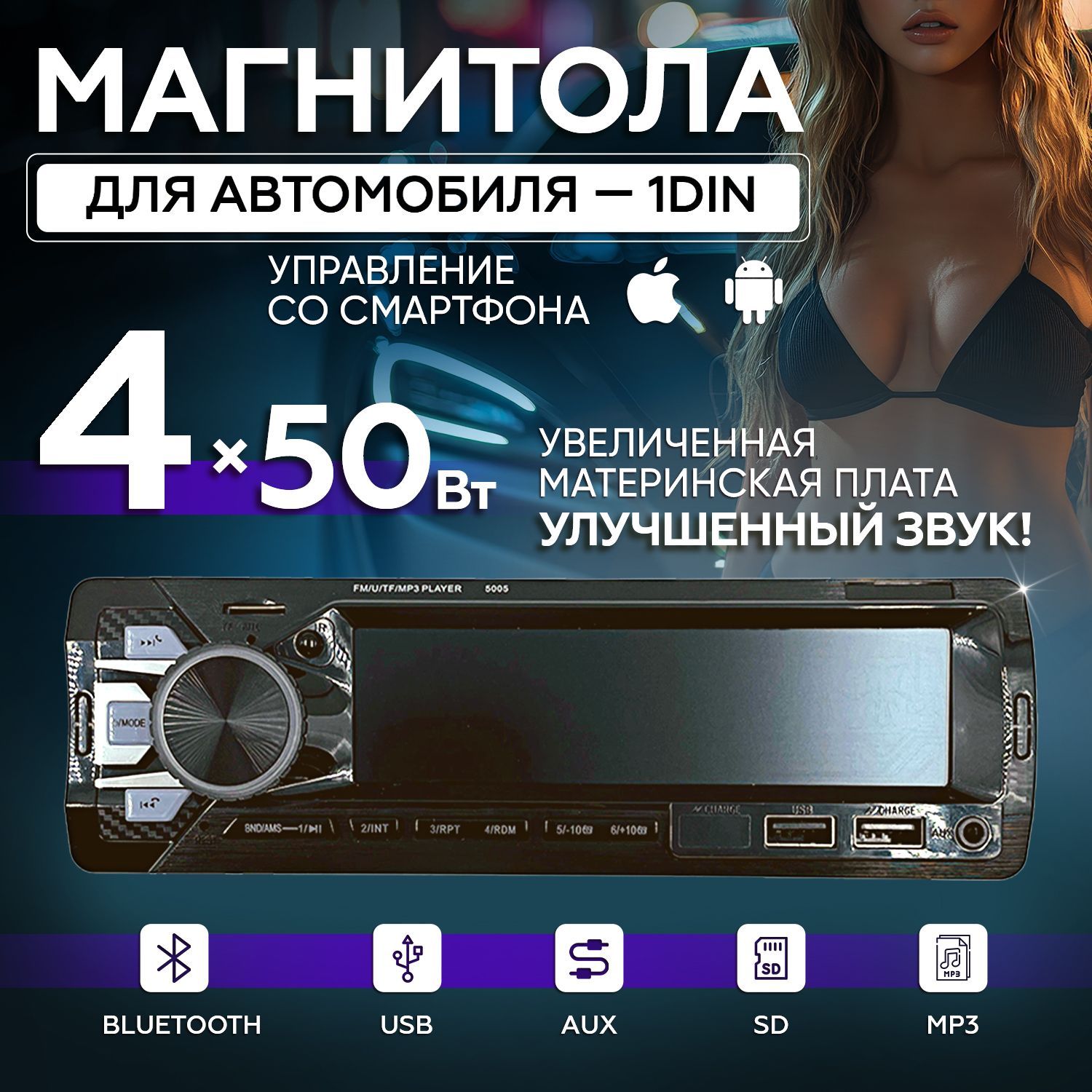 Автомагнитола 1 Din с Bluetooth/ Магнитола для автомобиля 1 DIN AUX /с блютуз/ в машину/