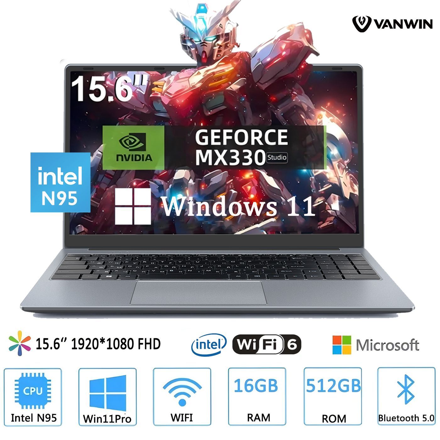 VANWINWindows11ProИгровойноутбук15.6",IntelN95,RAM16ГБ,SSD512ГБ,NVIDIAGeForceMX330(2Гб),WindowsPro,(БыстраязарядкаType-C),черно-серый,Русскаяраскладка