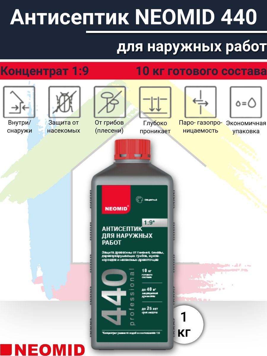 АнтисептикдлядереваNEOMID440концентрат1:9проникновениябесцветный1кг(10кгготовогораствора)