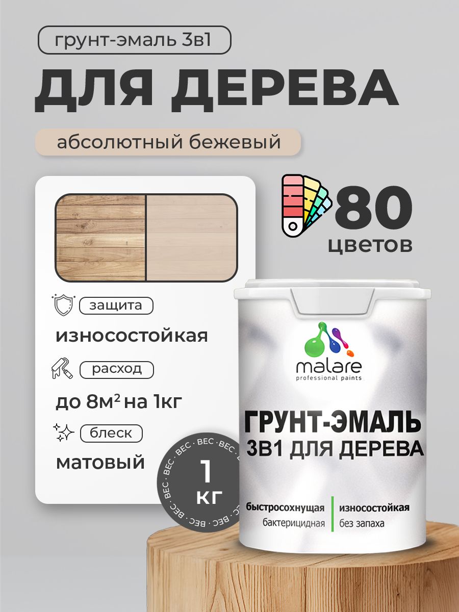 Акриловая Грунт-Эмаль 3 в 1 Malare для деревянных поверхностей с антисептическим эффектом, быстросохнущая, моющаяся без запаха матовая, абсолютный бежевый, 1 кг